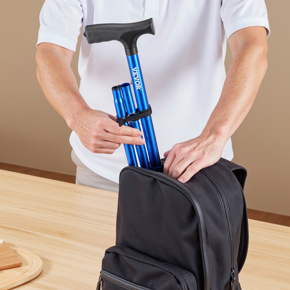 VEVOR Walking Cane for Man Woman, Folding Walking Stick with 8-Level Adjustable Height and 4-Pronged Pivoting Base, Lightweight & Portable Aluminum Mobility Aid for Senior Adult, 250LBS Loading (Blue)