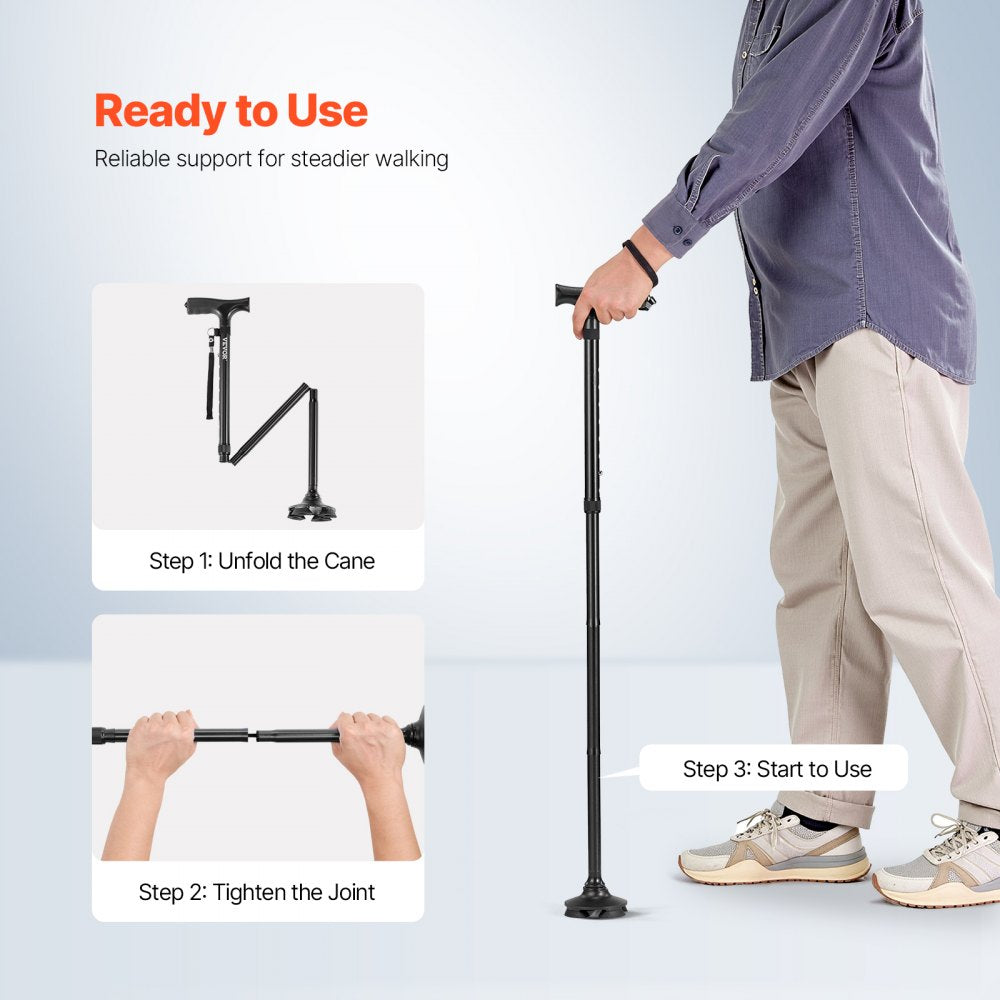 VEVOR Walking Cane for Man Woman, Folding Walking Stick with 8-Level Adjustable Height, 4-Pronged Pivoting Base, Lightweight & Portable Aluminum Mobility Aid for Seniors Adults, 250LBS Loading (Black)