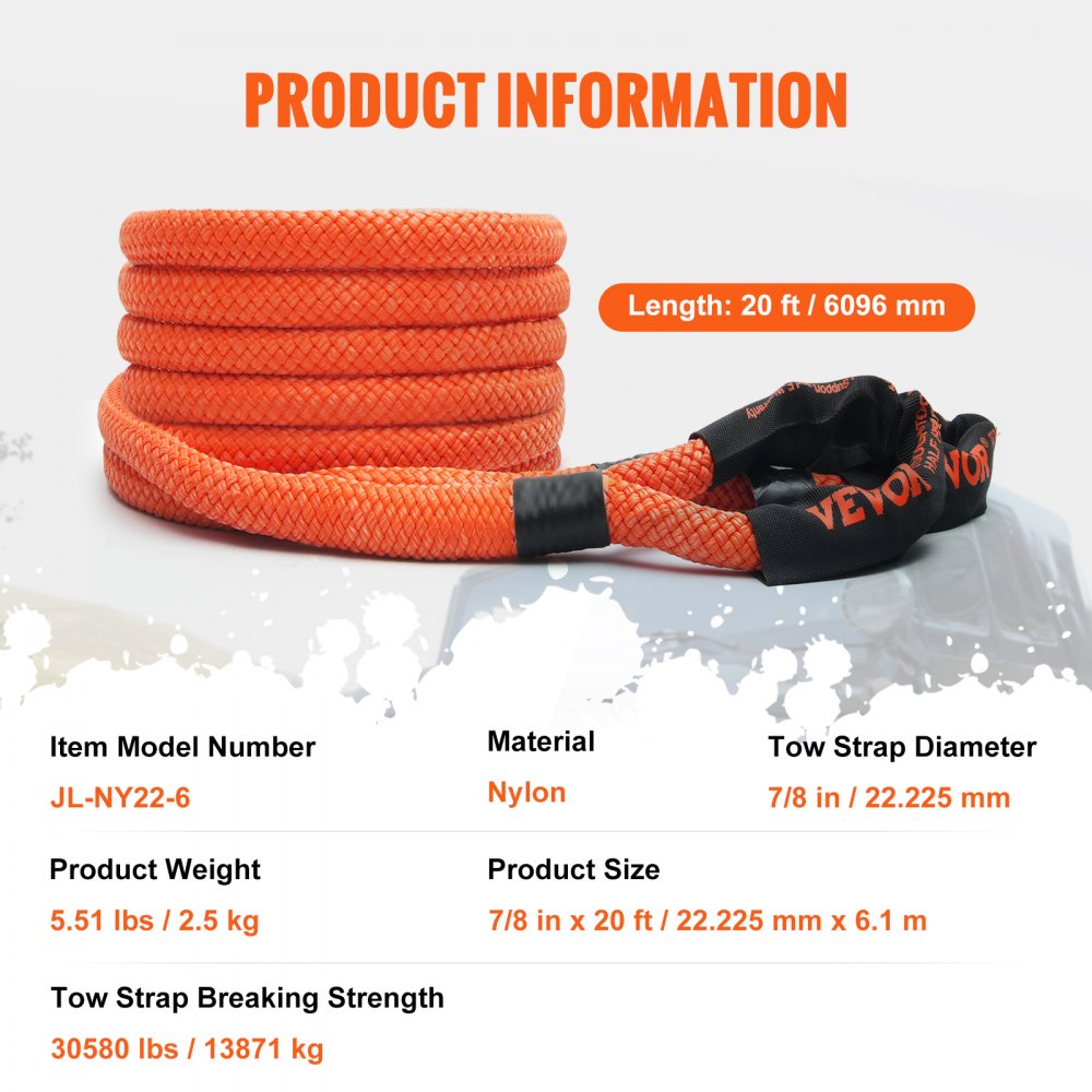 VEVOR 7/8" x 20' Kinetic Recovery Tow Rope 30,580 lbs, Heavy-Duty Off Road Snatch Strap, Extreme Duty 30% Elasticity Energy Snatch Strap for Jeep Car Truck ATV UTV SUV Tractor