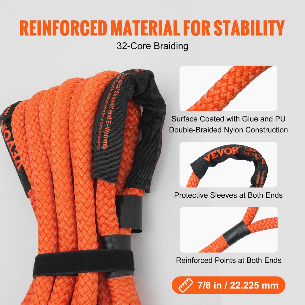 VEVOR 7/8" x 30' Kinetic Recovery Tow Rope 30,580lbs, Heavy-Duty Off Road Snatch Strap with 2 Soft Shackles (41750lbs) Extreme Duty 30% Elasticity Energy Snatch Strap Jeep Car Truck ATV Tractor