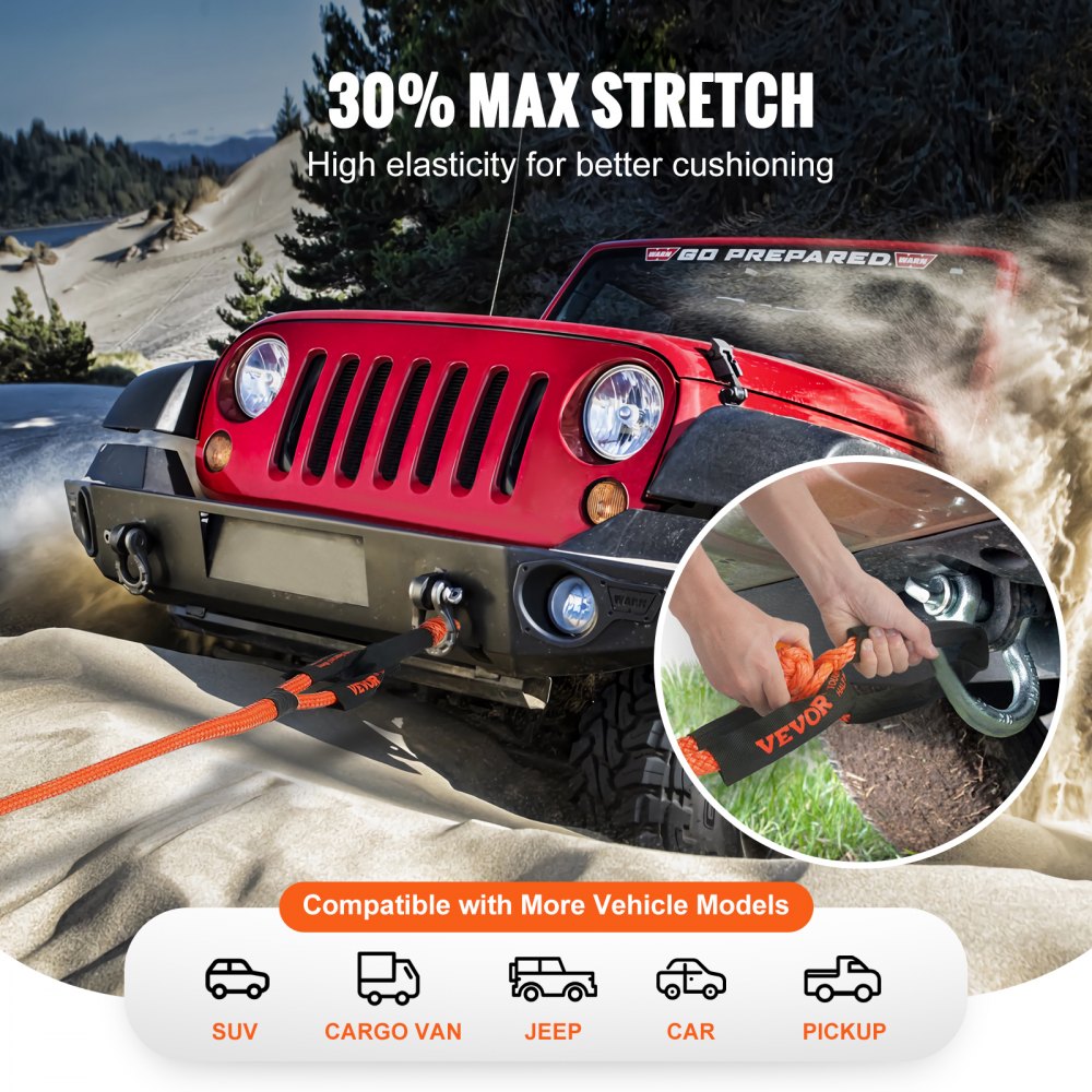 VEVOR 7/8" x 30' Kinetic Recovery Tow Rope 30,580lbs, Heavy-Duty Off Road Snatch Strap with 2 Soft Shackles (41750lbs) Extreme Duty 30% Elasticity Energy Snatch Strap Jeep Car Truck ATV Tractor