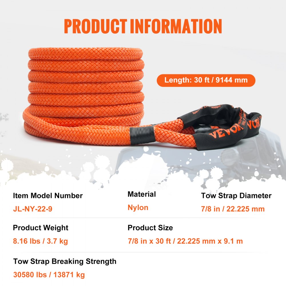 VEVOR 7/8" x 30' Kinetic Recovery Tow Rope 30,580lbs, Heavy-Duty Off Road Snatch Strap with 2 Soft Shackles (41750lbs) Extreme Duty 30% Elasticity Energy Snatch Strap Jeep Car Truck ATV Tractor