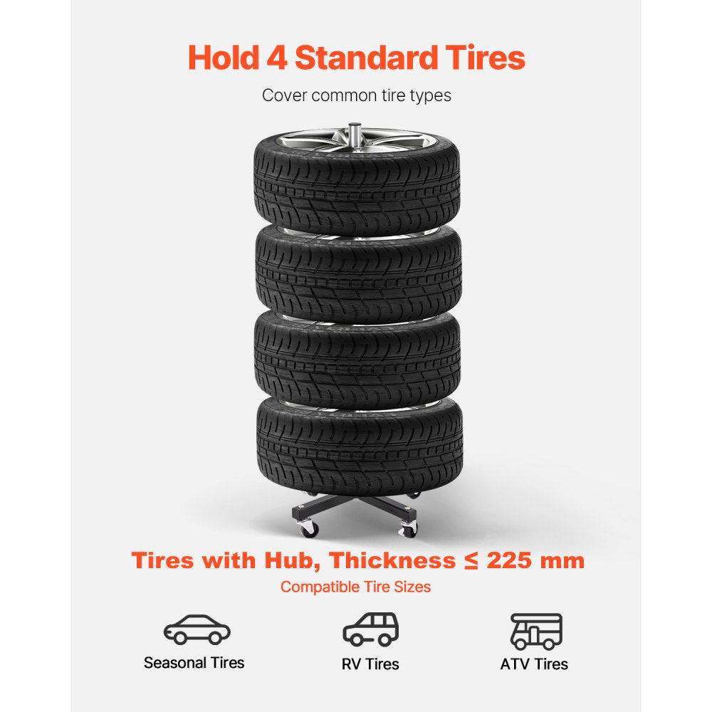 VEVOR Wheel Rack on Casters, Robust Steel Wheel Stand for 4 Wheel and Rim Combinations, Compact & Portable Tire Storage for Tires as Wide as 225mm, Supports up to 220LBS Weight, Perfect for Garage Workspace