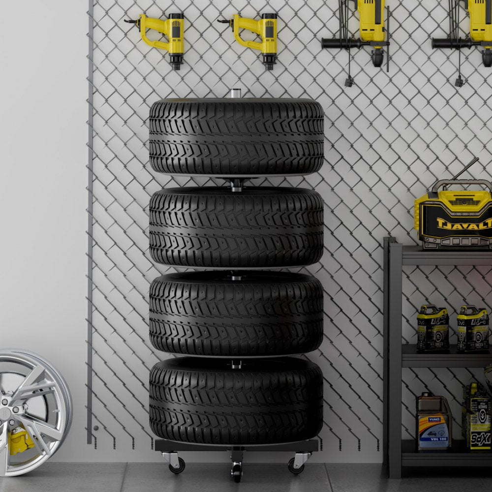 VEVOR Wheel Rack on Casters, Robust Steel Wheel Stand for 4 Wheel and Rim Combinations, Compact & Portable Tire Storage for Tires as Wide as 225mm, Supports up to 220LBS Weight, Perfect for Garage Workspace