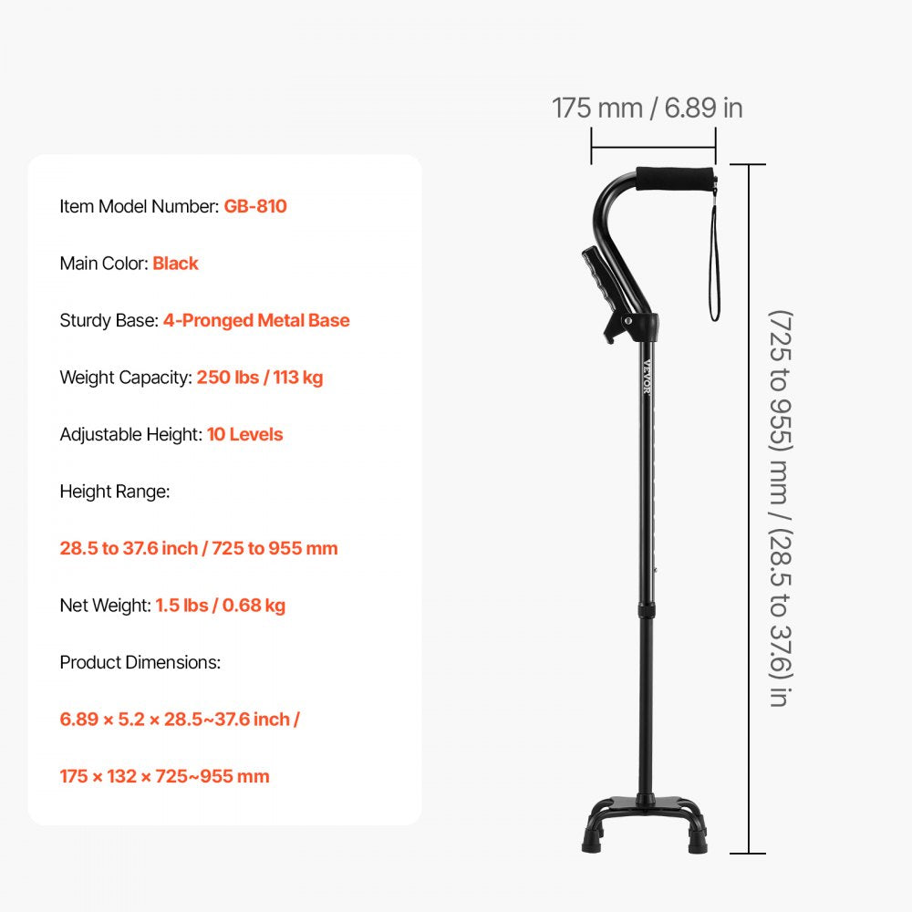 VEVOR Quad Walking Cane, 10-Level Height Adjustable Walking Stick with 4-Pronged Stable Base, Lightweight & Portable Aluminum Mobility Walking Aid for Seniors Adults Man Woman, 250LBS Loading Capacity