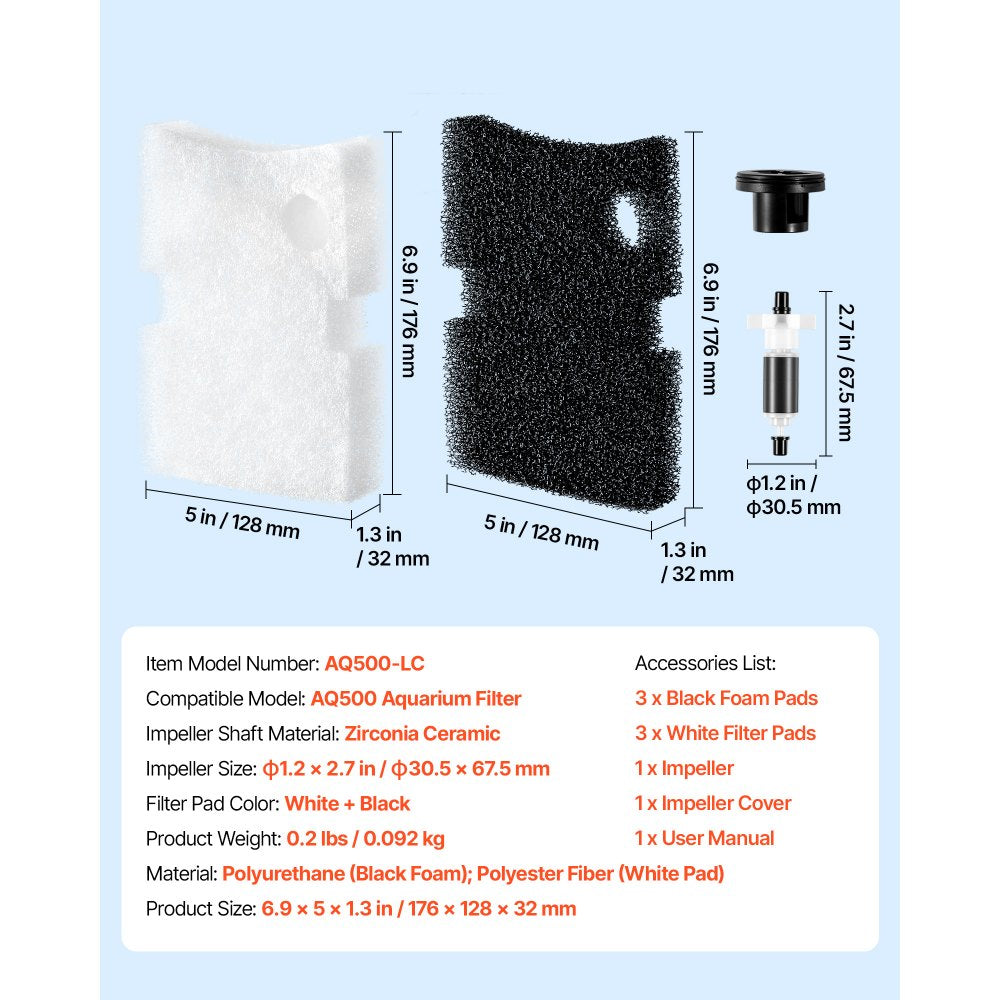 VEVOR Aquarium Filter Media Pads, 6 PCS Replacement with Impeller for AQ500, Canister Floss Replacement for Fish Tank, Zirconia Impeller Shaft, 3 Black Polyurethane Foam & 3 White Polyester Fiber Pads