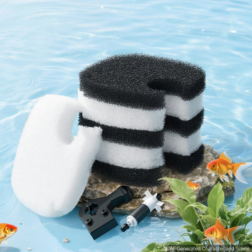 VEVOR Aquarium Filter Media Pads, 6 PCS Replacement with Impeller for CF800, Canister Floss Replacement for Fish Tank, Zirconia Impeller Shaft, 3 Black Polyurethane Foam & 3 White Polyester Fiber Pads