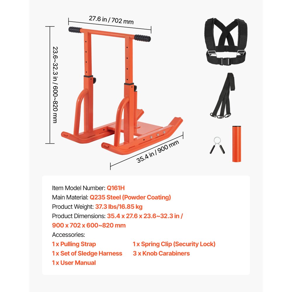 VEVOR Weight Sled, Steel Power Sled, Fitness Training Sleds for Athletic Exercise Speed Improvement, Workout Equipment with Adjustable Height Handle, Compatible with 1/2 in Weight Plates, Orange