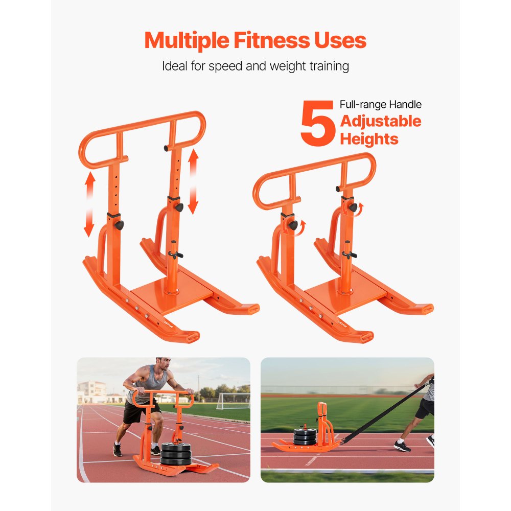 VEVOR Weight Sled, Steel Power Sled, Fitness Training Sleds for Athletic Exercise Speed Improvement, Workout Equipment with Adjustable Height Handle, Compatible with 1/2 in Weight Plates, Orange