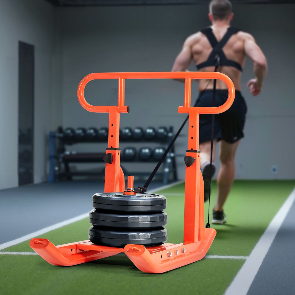 VEVOR Weight Sled, Steel Power Sled, Fitness Training Sleds for Athletic Exercise Speed Improvement, Workout Equipment with Adjustable Height Handle, Compatible with 1/2 in Weight Plates, Orange