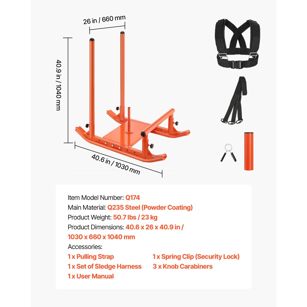 VEVOR Weight Sled, Steel Power Sled, Fitness Strength Training Sleds for Athletic Exercise Speed Improvement, Workout Fitness Equipment with Handle, Compatible with 1/2 in Weight Plates, Orange