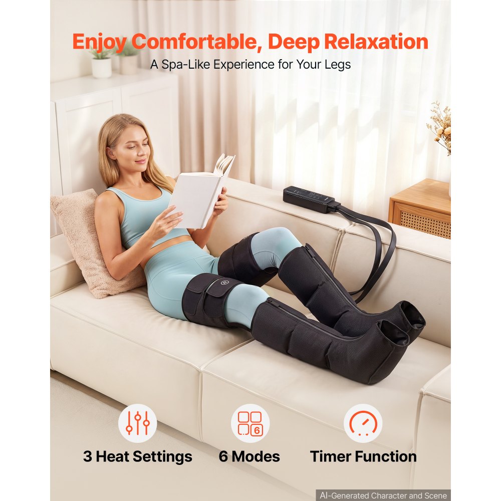 VEVOR Leg Compression Massager 9 Intensities Air Compression Leg Massager, For Daily Relaxation, 6 Massage Modes, 3 Heat Settings, Auto Shut-Off Timer, Adjustable Fit, with Storage Bag and Adapter
