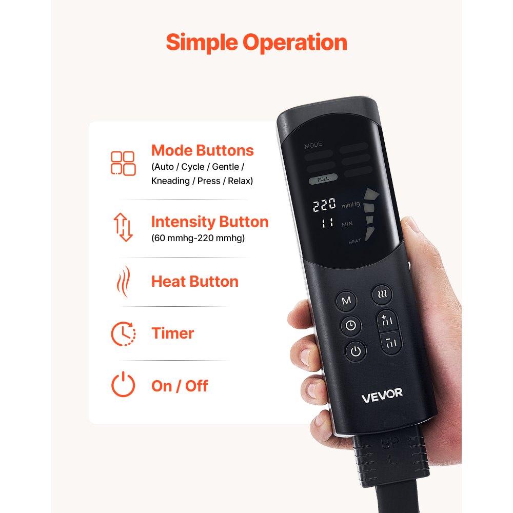 VEVOR Leg Compression Massager 9 Intensities Air Compression Leg Massager, For Daily Relaxation, 6 Massage Modes, 3 Heat Settings, Auto Shut-Off Timer, Adjustable Fit, with Storage Bag and Adapter
