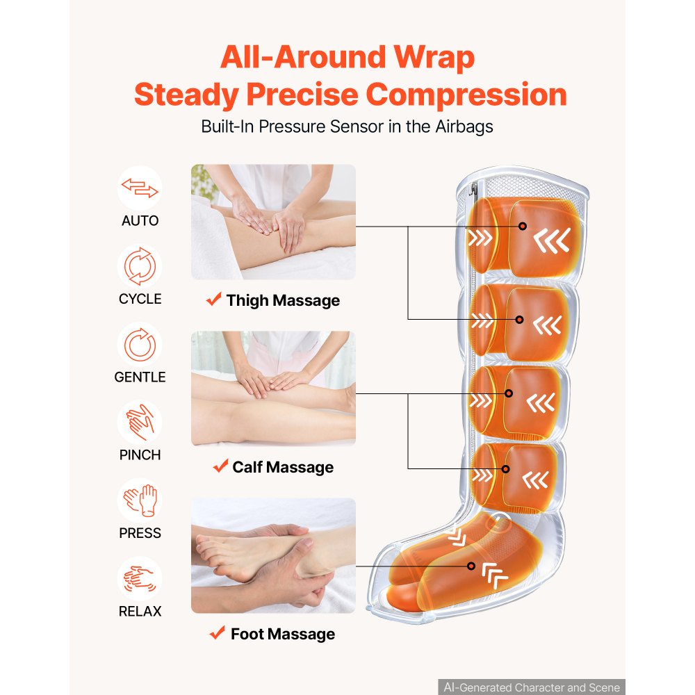 VEVOR Leg Compression Massager 6 Modes Air Compression Full Leg Massager, For Daily Relaxation, 9 Massage Intensities, 360° Coverage, Auto Shut-Off Timer, with Portable Storage Bag and Power Adapter