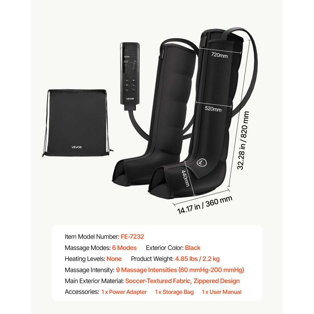 VEVOR Leg Compression Massager 6 Modes Air Compression Full Leg Massager, For Daily Relaxation, 9 Massage Intensities, 360° Coverage, Auto Shut-Off Timer, with Portable Storage Bag and Power Adapter