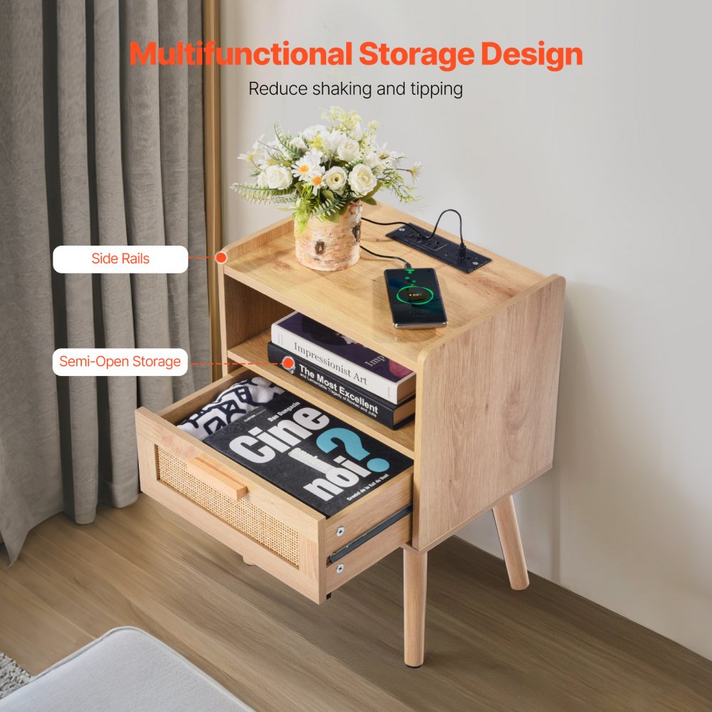 VEVOR Rattan Nightstand, Boho Bedside Table with Drawer Open Shelf, Rattan End Table Wooden Nightstand with Solid Wood Legs, Rattan Side Table with Charging Station, for Bedroom, Study & Living Room