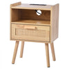 VEVOR Rattan Nightstand, Boho Bedside Table with Drawer Open Shelf, Rattan End Table Wooden Nightstand with Solid Wood Legs, Rattan Side Table with Charging Station, for Bedroom, Study & Living Room