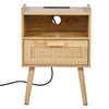 VEVOR Rattan Nightstand, Boho Bedside Table with Drawer Open Shelf, Rattan End Table Wooden Nightstand with Solid Wood Legs, Rattan Side Table with Charging Station, for Bedroom, Study & Living Room
