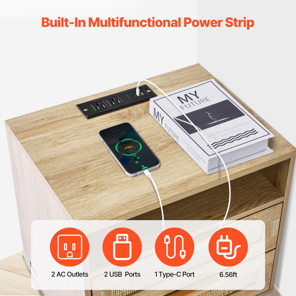 VEVOR Rattan Nightstand, Boho Bedside Table with Open Shelf 2 Drawers, Rattan End Table Nightstand with Solid Wood Legs, Rattan Bedside Table with Charging Station, for Bedroom, Study & Living Room