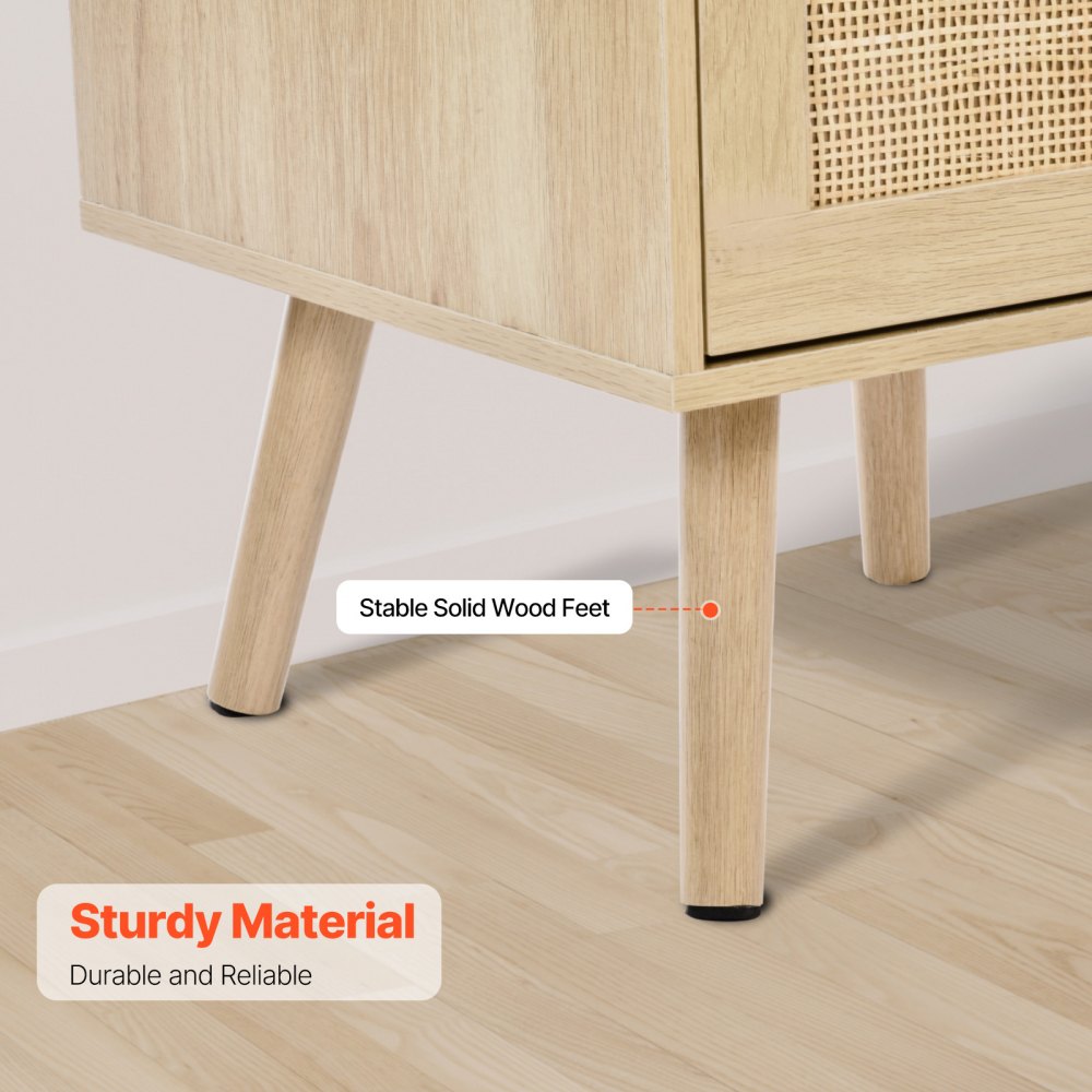 VEVOR Rattan Nightstand, Boho Bedside Table with 2 Drawers, Rattan End Table Nightstand with Solid Wood Legs, Rattan Bedside Table with Charging Station, for Bedroom, Study & Living Room