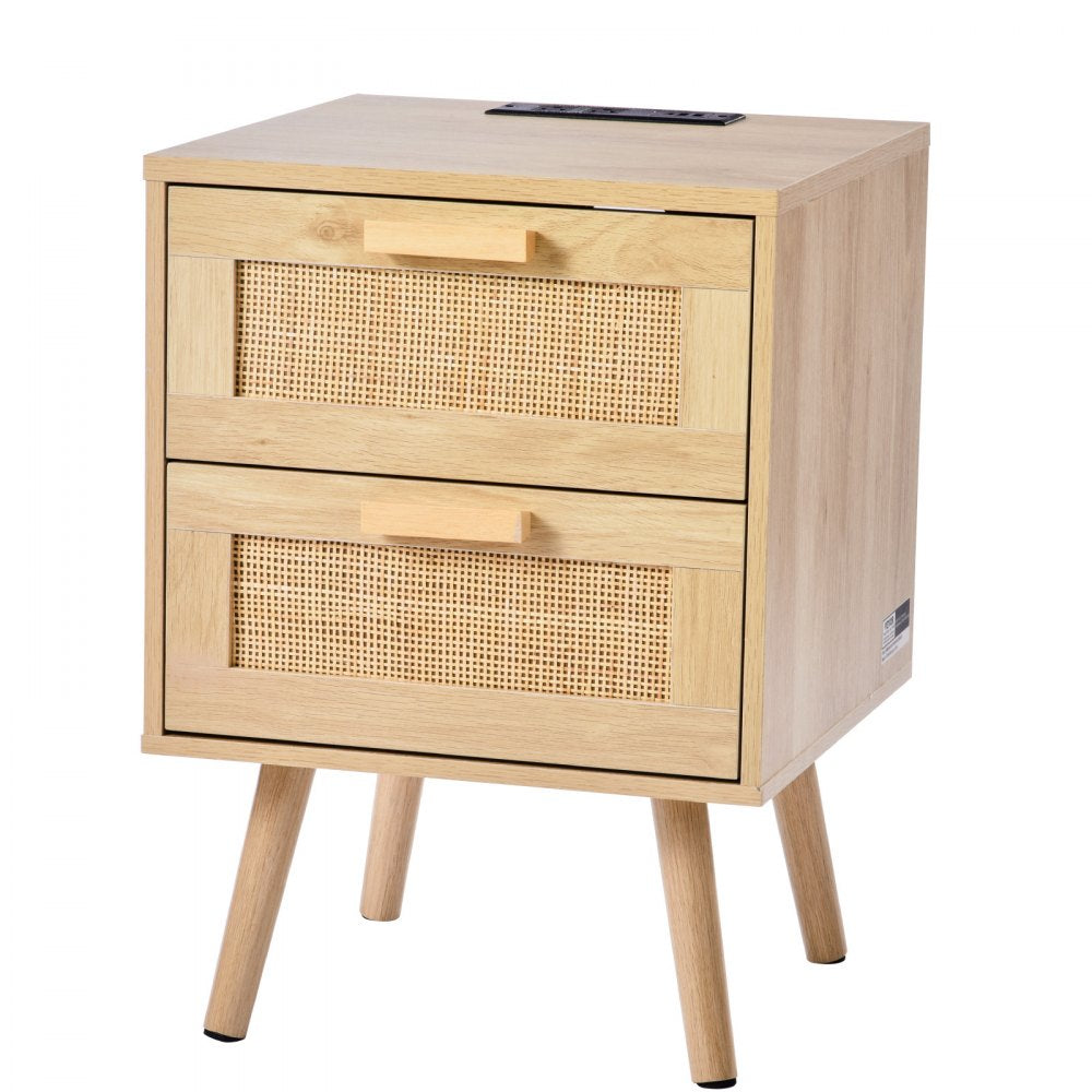 VEVOR Rattan Nightstand, Boho Bedside Table with 2 Drawers, Rattan End Table Nightstand with Solid Wood Legs, Rattan Bedside Table with Charging Station, for Bedroom, Study & Living Room