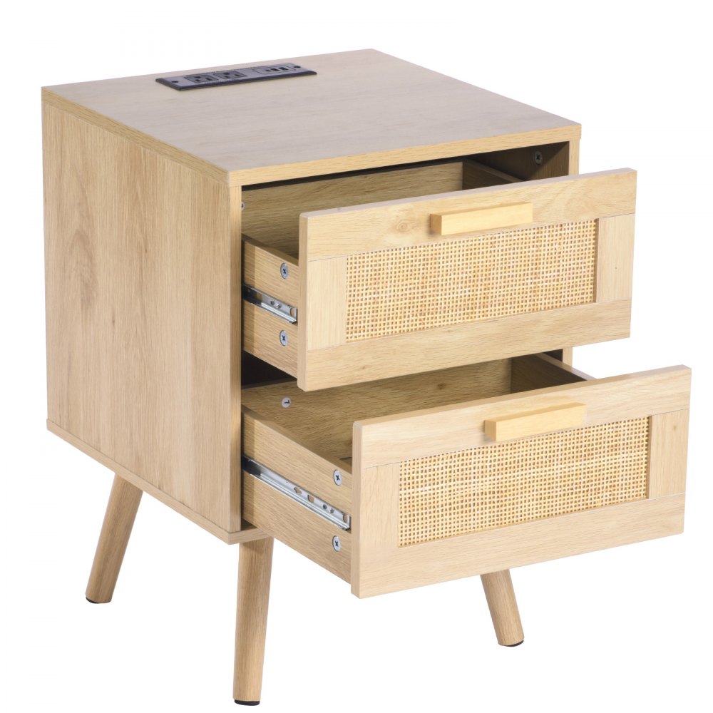 VEVOR Rattan Nightstand, Boho Bedside Table with 2 Drawers, Rattan End Table Nightstand with Solid Wood Legs, Rattan Bedside Table with Charging Station, for Bedroom, Study & Living Room