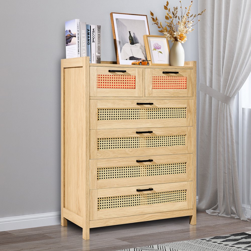 VEVOR 5 Drawer Rattan Dresser Boho Dresser Rattan Chest of Drawers with Spacious Storage Natural Rattan Dresser for Bedroom Living Room &