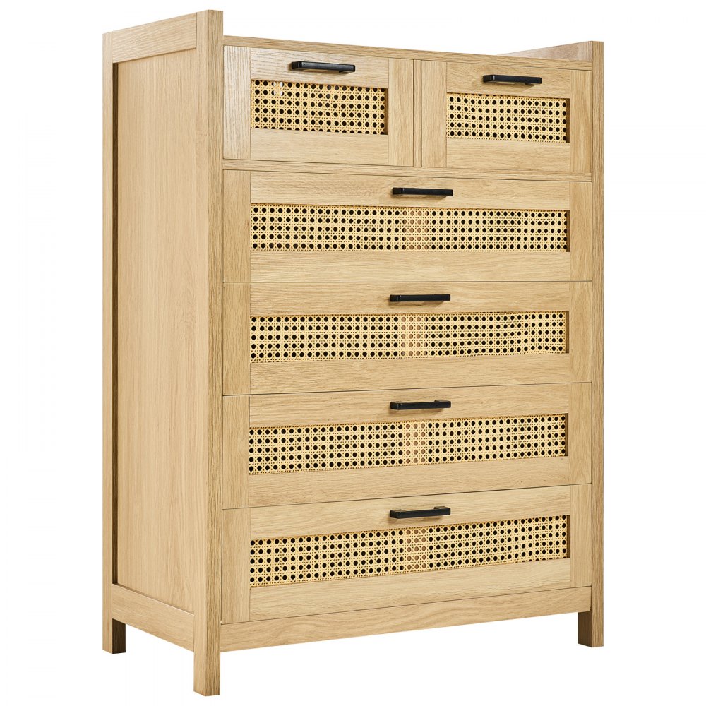 VEVOR 5 Drawer Rattan Dresser, Boho Dresser, Rattan Chest of Drawers with Spacious Storage, Natural Rattan Dresser for Bedroom, Living Room & Hallway,Rattan Nightstand with Sturdy Handles&Legs, Brown