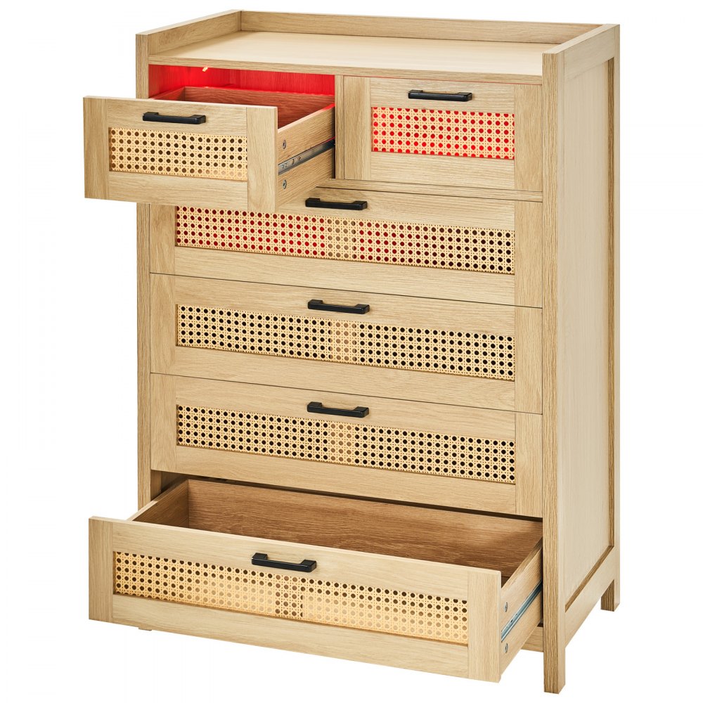 VEVOR 5 Drawer Rattan Dresser, Boho Dresser, Rattan Chest of Drawers with Spacious Storage, Natural Rattan Dresser for Bedroom, Living Room & Hallway,Rattan Nightstand with Sturdy Handles&Legs, Brown