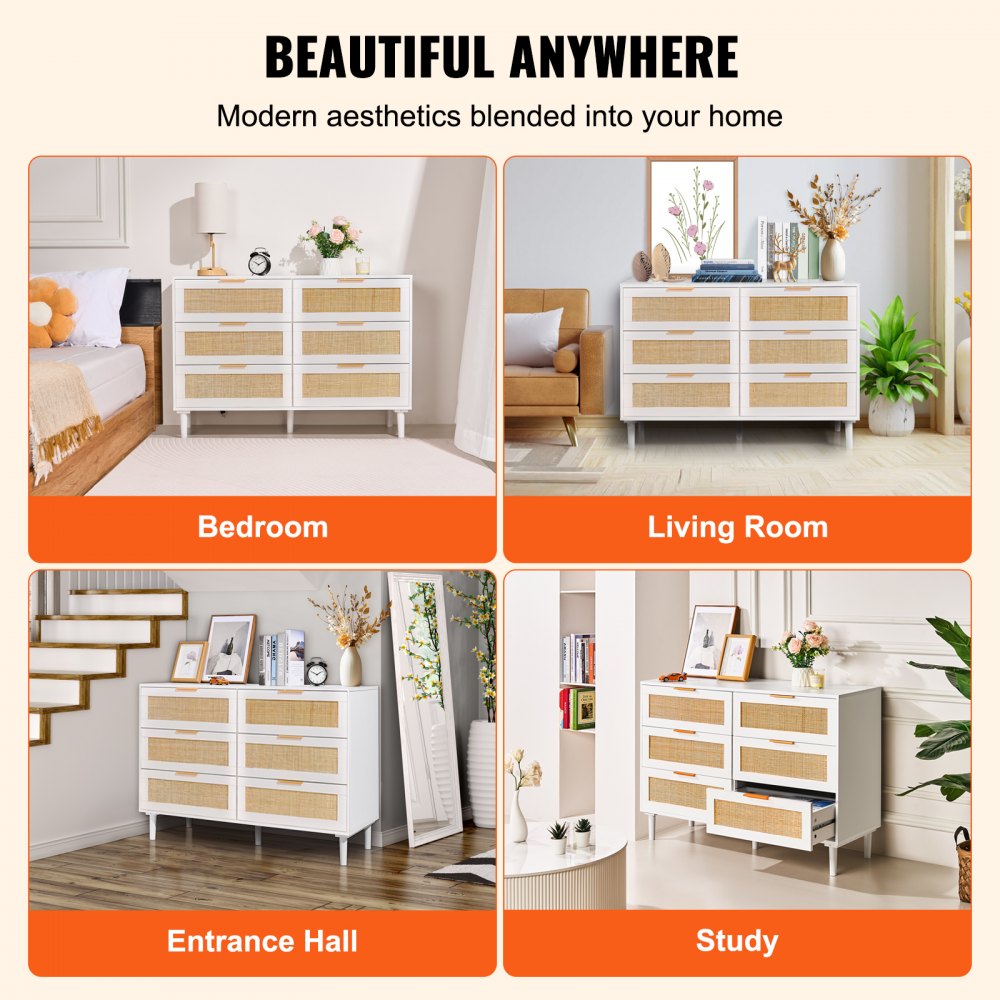VEVOR 6 Drawer Rattan Dresser, Boho Dresser, Rattan Chest of Drawers with Spacious Storage, Natural Rattan Dresser for Bedroom, Living Room & Hallway,Rattan Nightstand with Sturdy Handles&Legs, White
