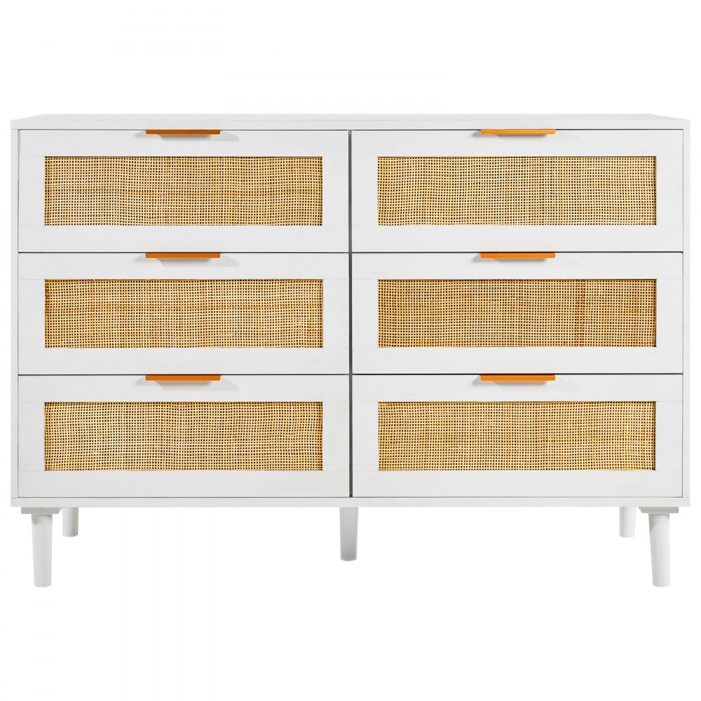 VEVOR 6 Drawer Rattan Dresser, Boho Dresser, Rattan Chest of Drawers with Spacious Storage, Natural Rattan Dresser for Bedroom, Living Room & Hallway,Rattan Nightstand with Sturdy Handles&Legs, White