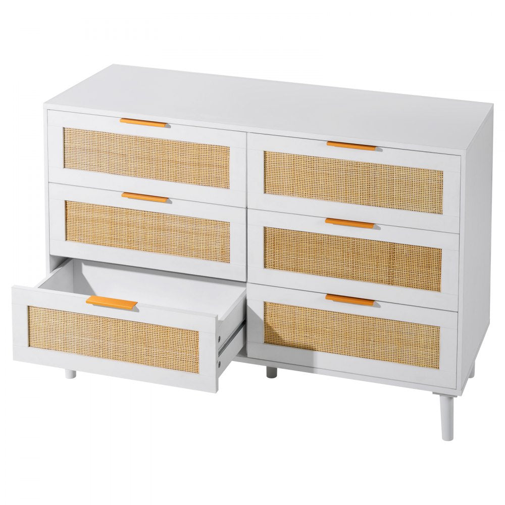 VEVOR 6 Drawer Rattan Dresser, Boho Dresser, Rattan Chest of Drawers with Spacious Storage, Natural Rattan Dresser for Bedroom, Living Room & Hallway,Rattan Nightstand with Sturdy Handles&Legs, White