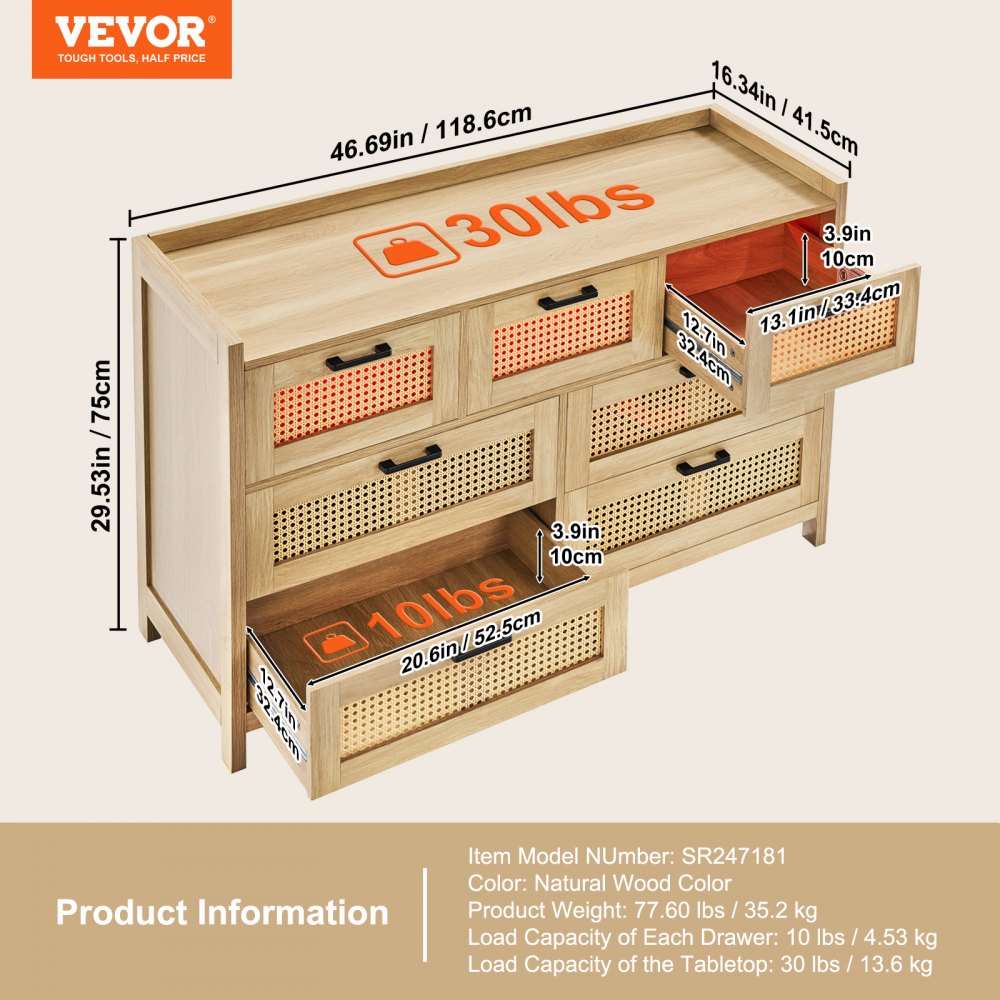 VEVOR 7 Drawer Rattan Dresser, Natural Rattan Wood Dressers with LED Light, Modern Wood Chest Clothing Organizer & Storage Boho Dresser with Sturdy Handles & Legs, for Bedroom, Living Room & Hallway
