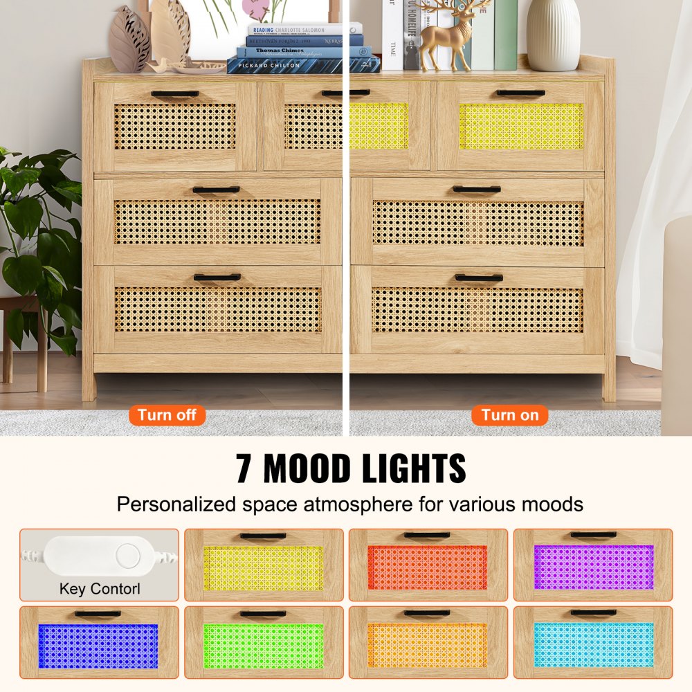 VEVOR 7 Drawer Rattan Dresser, Natural Rattan Wood Dressers with LED Light, Modern Wood Chest Clothing Organizer & Storage Boho Dresser with Sturdy Handles & Legs, for Bedroom, Living Room & Hallway