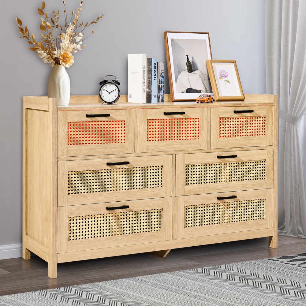 Vevor Dresser 7-Drawer Natural Rattan Wood Storage Organizer with LED –  FactoryPure