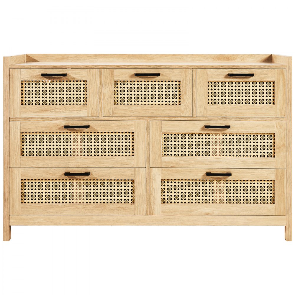 VEVOR 7 Drawer Rattan Dresser, Natural Rattan Wood Dressers with LED Light, Modern Wood Chest Clothing Organizer & Storage Boho Dresser with Sturdy Handles & Legs, for Bedroom, Living Room & Hallway