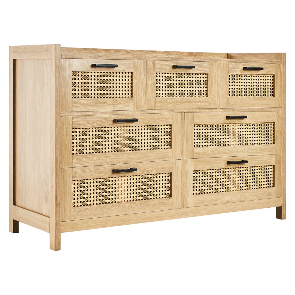 VEVOR 7 Drawer Rattan Dresser, Natural Rattan Wood Dressers with LED Light, Modern Wood Chest Clothing Organizer & Storage Boho Dresser with Sturdy Handles & Legs, for Bedroom, Living Room & Hallway