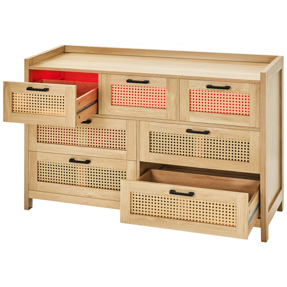 VEVOR 7 Drawer Rattan Dresser, Natural Rattan Wood Dressers with LED Light, Modern Wood Chest Clothing Organizer & Storage Boho Dresser with Sturdy Handles & Legs, for Bedroom, Living Room & Hallway