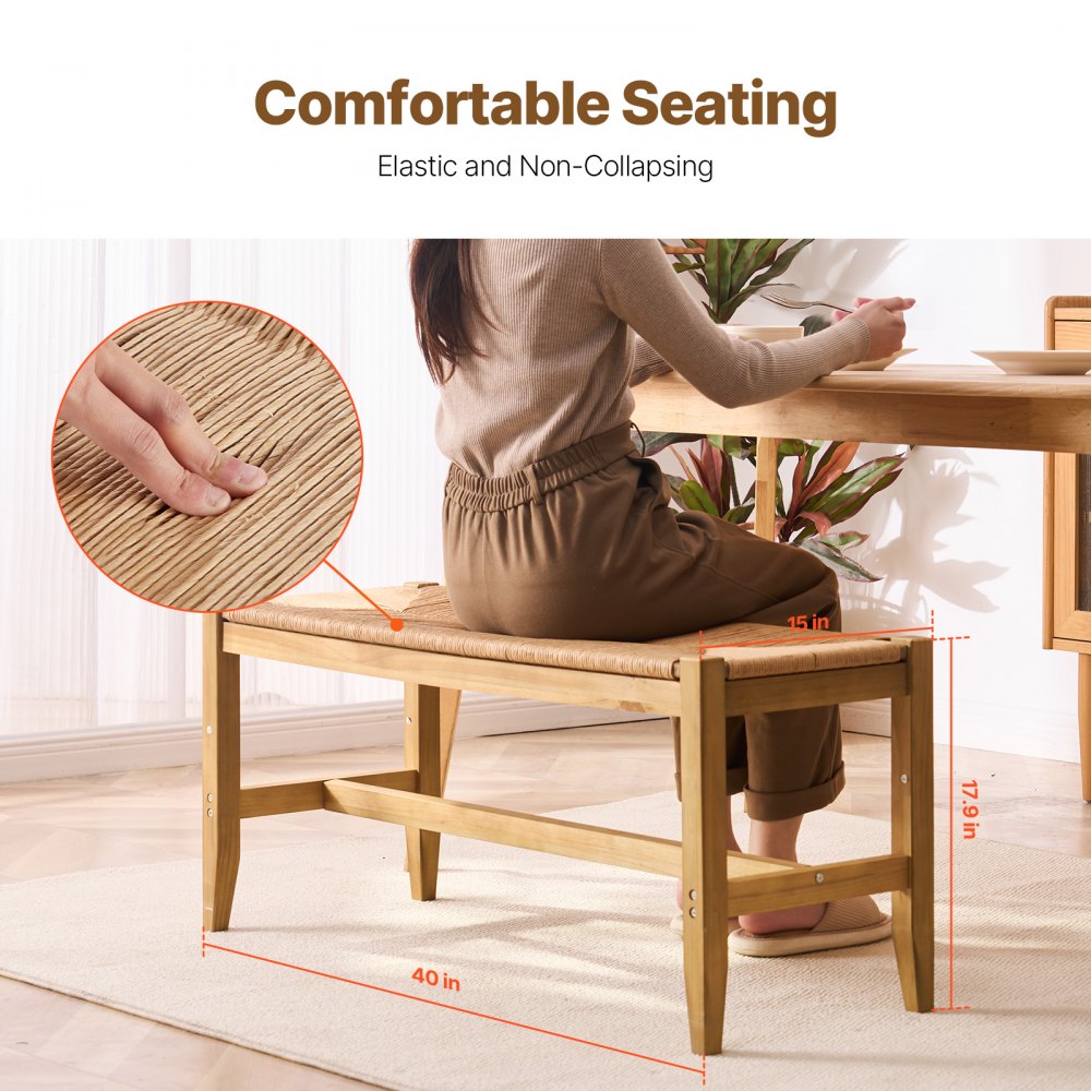 VEVOR Rattan Bench, 40" Wooden Rattan Bench, Entrywway Bench with Oak Wood Legs, Bedroom End of Bed Boho Bench with Hand Woven Rattan, for Living Room, Kitchen