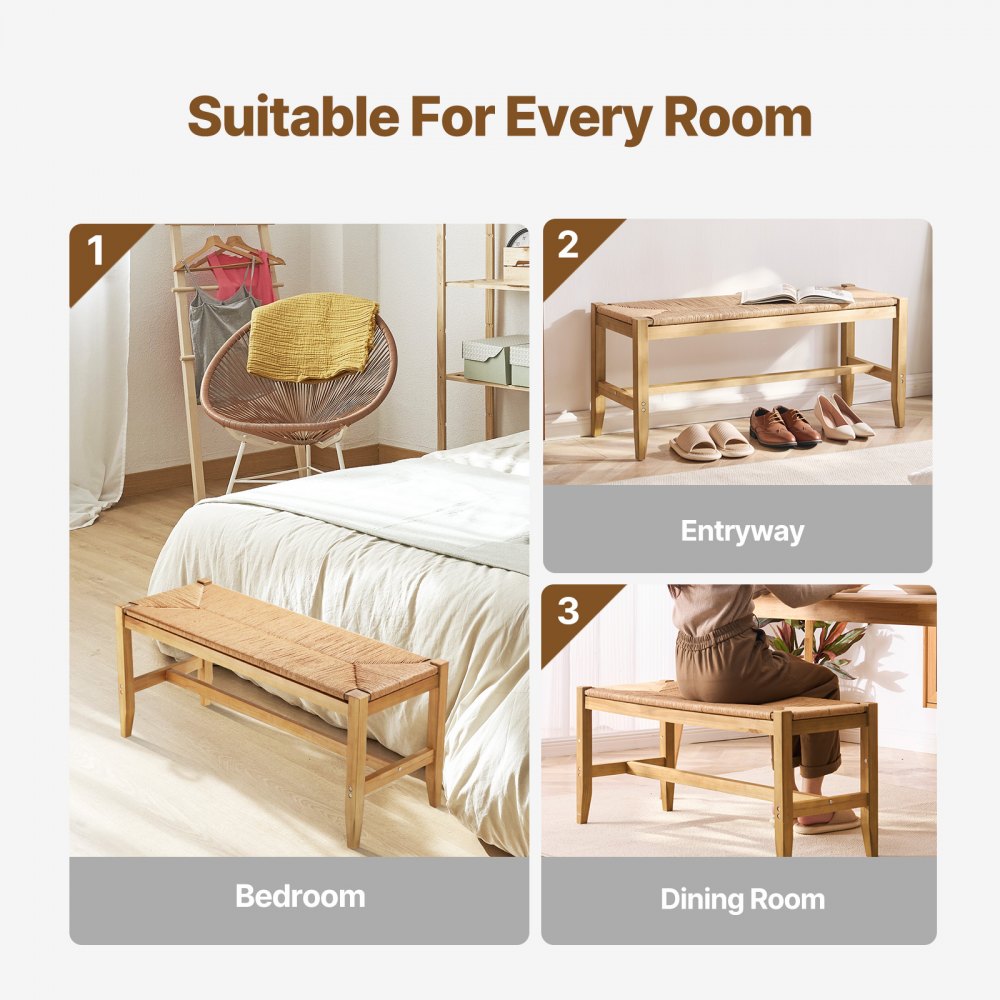 VEVOR Rattan Bench, 40" Wooden Rattan Bench, Entrywway Bench with Oak Wood Legs, Bedroom End of Bed Boho Bench with Hand Woven Rattan, for Living Room, Kitchen