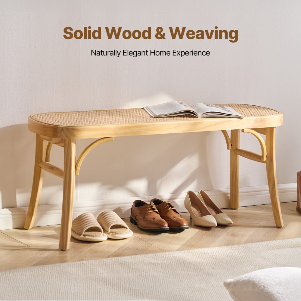 VEVOR Rattan Bench, 43.3" Wooden Rattan Bench, Entrywway Bench with Oak Wood Legs, Bedroom End of Bed Boho Bench with Hand Woven Rattan, for Living Room, Kitchen