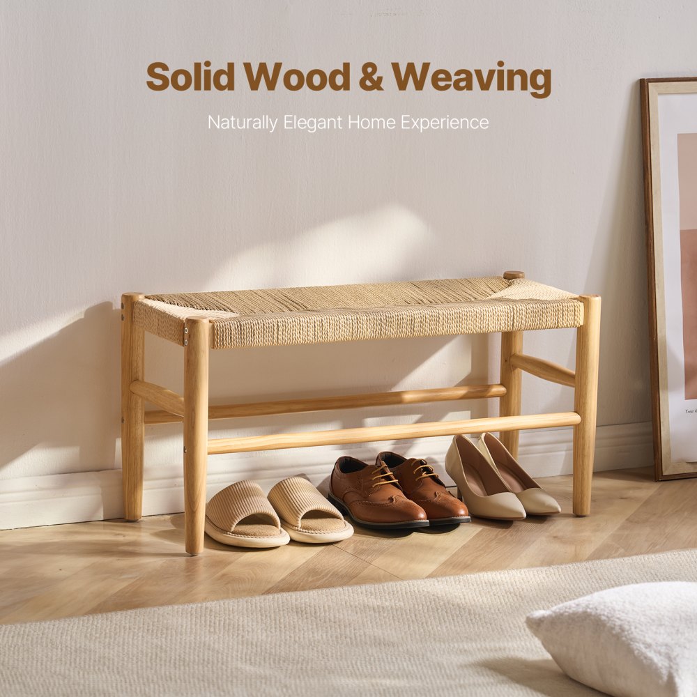 VEVOR Rattan Bench, 31.5" Wooden Rattan Bench, Entrywway Bench with Oak Wood Legs, Bedroom End of Bed Boho Bench with Hand Woven Rattan, for Living Room, Kitchen