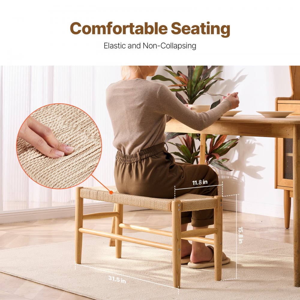 VEVOR Rattan Bench, 31.5" Wooden Rattan Bench, Entrywway Bench with Oak Wood Legs, Bedroom End of Bed Boho Bench with Hand Woven Rattan, for Living Room, Kitchen
