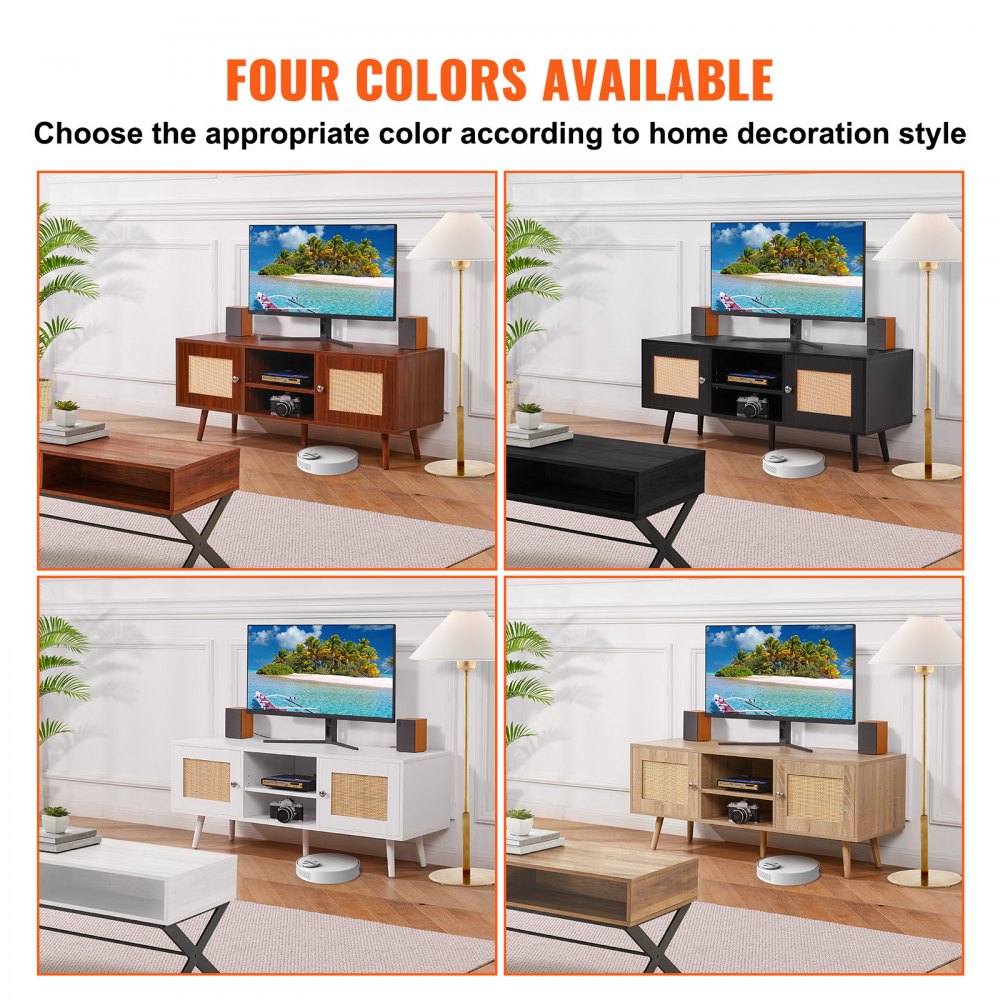 VEVOR Rattan TV Stand, Boho TV Cabinet for 55 inch TV, Mid Century Modern TV Stand, Rattan TV Console with Adjustable Shelfs for  Living Room, Media Room, Black
