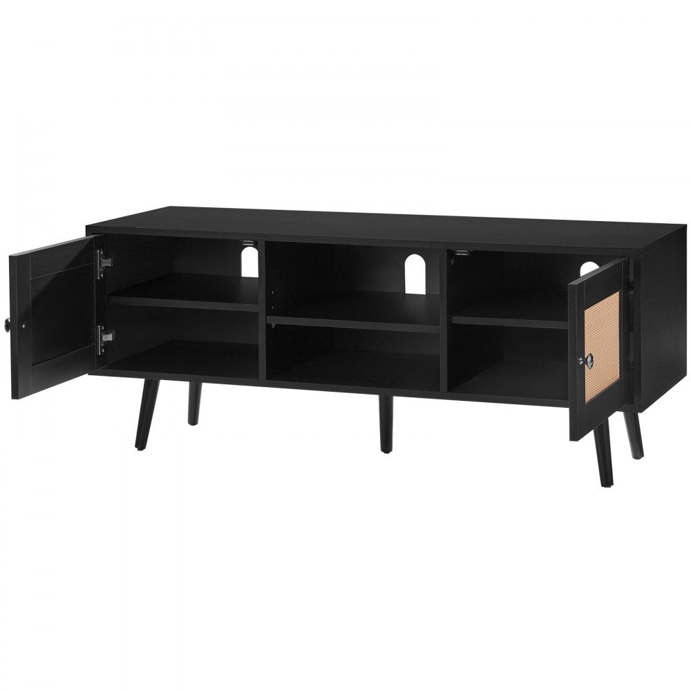VEVOR Rattan TV Stand, Boho TV Cabinet for 55 inch TV, Mid Century Modern TV Stand, Rattan TV Console with Adjustable Shelfs for  Living Room, Media Room, Black