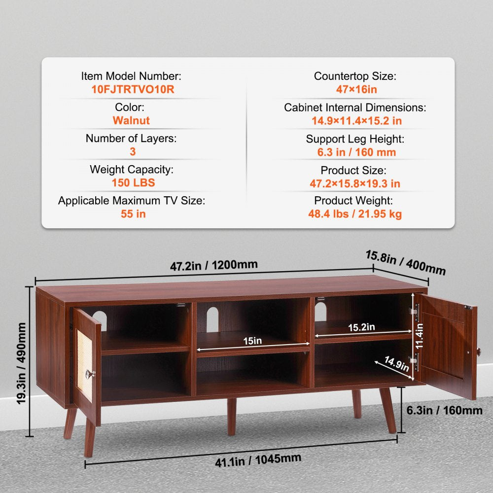 VEVOR Rattan TV Stand, Boho TV Cabinet for 55 inch TV, Mid Century Modern TV Stand, Rattan TV Console with Adjustable Shelfs for  Living Room, Media Room, Walnut