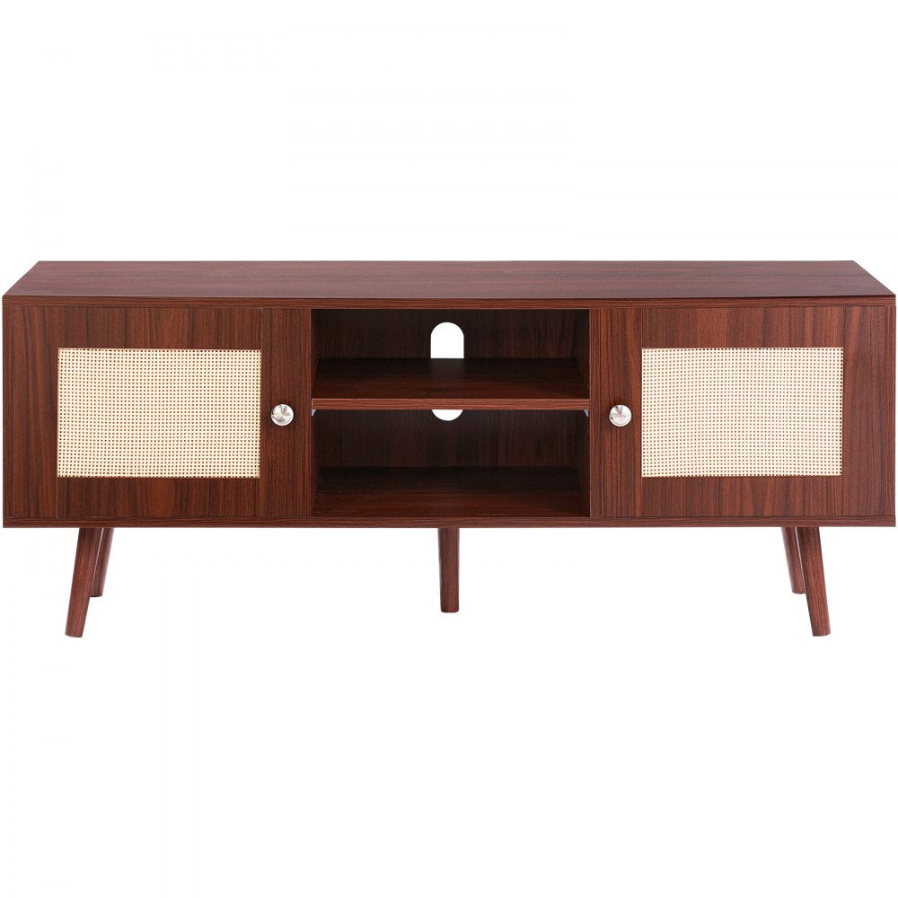 VEVOR Rattan TV Stand, Boho TV Cabinet for 55 inch TV, Mid Century Modern TV Stand, Rattan TV Console with Adjustable Shelfs for  Living Room, Media Room, Walnut
