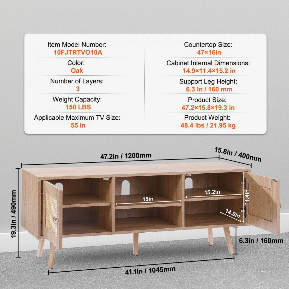 VEVOR Rattan TV Stand, Boho TV Cabinet for 55 inch TV, Mid Century Modern TV Stand, Rattan TV Console with Adjustable Shelfs for  Living Room, Media Room, Oak
