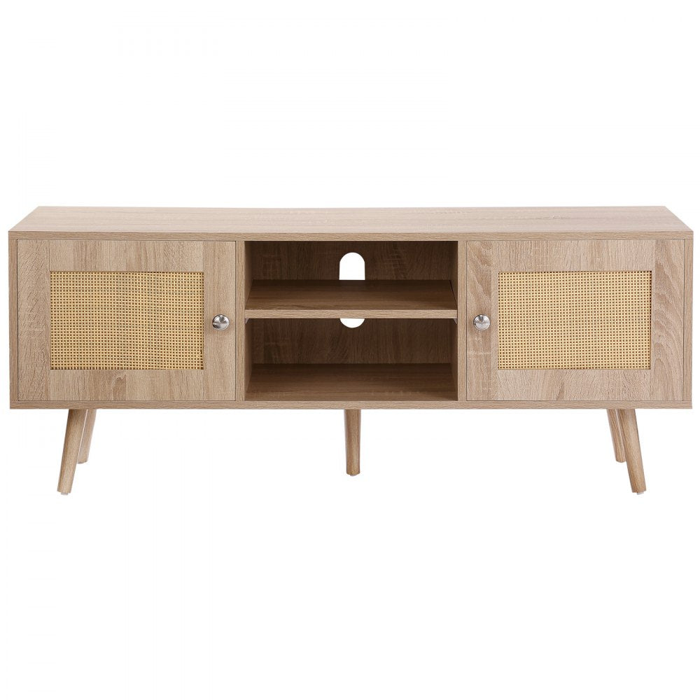 VEVOR Rattan TV Stand, Boho TV Cabinet for 55 inch TV, Mid Century Modern TV Stand, Rattan TV Console with Adjustable Shelfs for  Living Room, Media Room, Oak