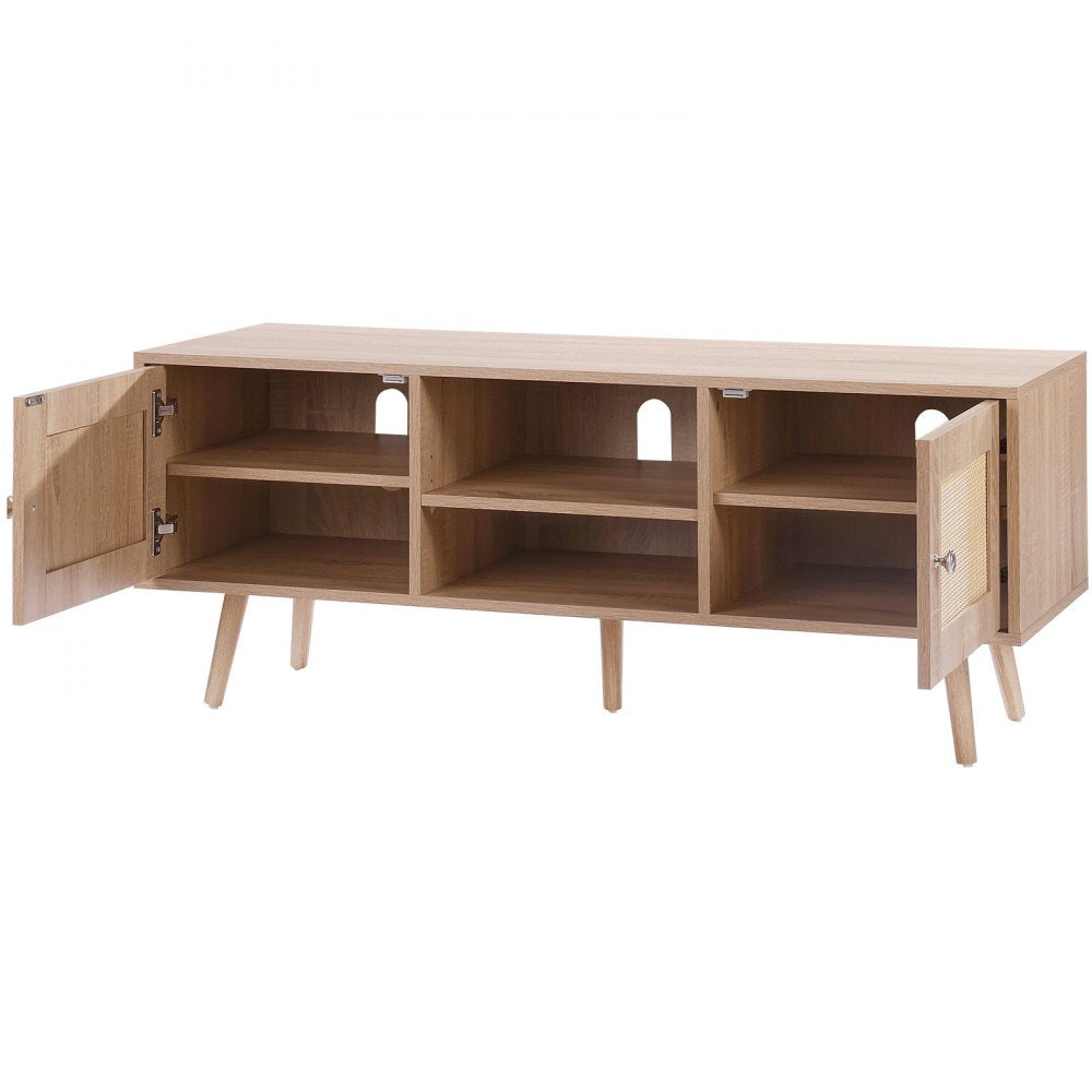 VEVOR Rattan TV Stand, Boho TV Cabinet for 55 inch TV, Mid Century Modern TV Stand, Rattan TV Console with Adjustable Shelfs for  Living Room, Media Room, Oak